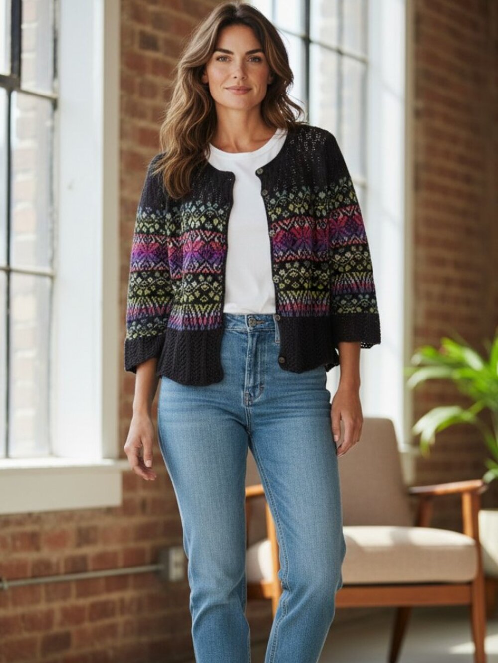 Peruvian Connection SZ L Fair Isle Cardigan Sweater 100% Pima Cotton Black Multi